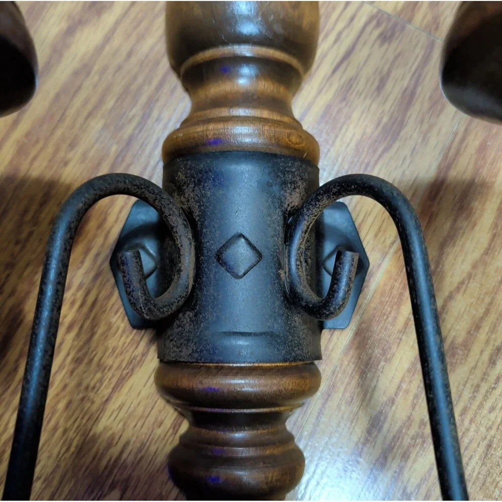 Vintage Brown Wood Black Metal Double Candle Wall Sconce Decor 17